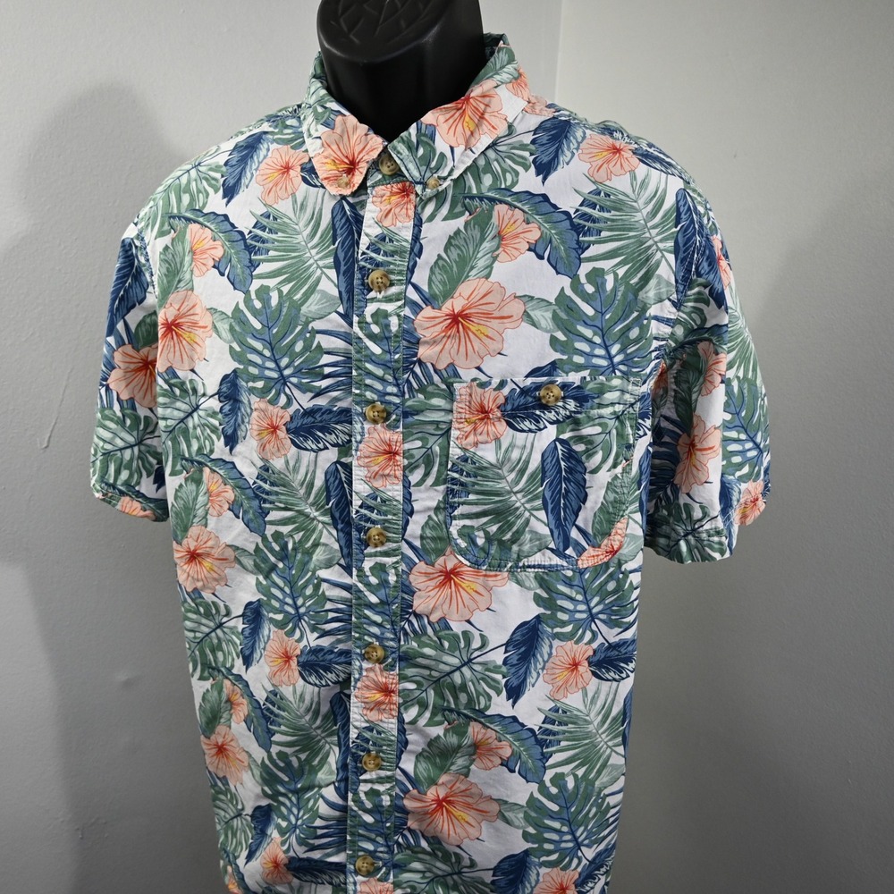 Duluth Trading Co Button Up Mens XL Slim Fit White Floral Tropical Short Sleeve - Picture 3 of 9